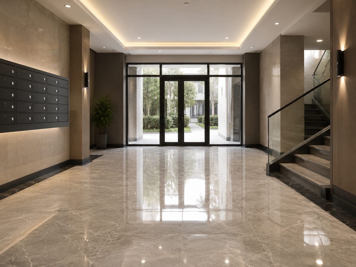 Apartman giriş lobisinde temizlik sonrası parlayan mermer zemin ve posta kutuları