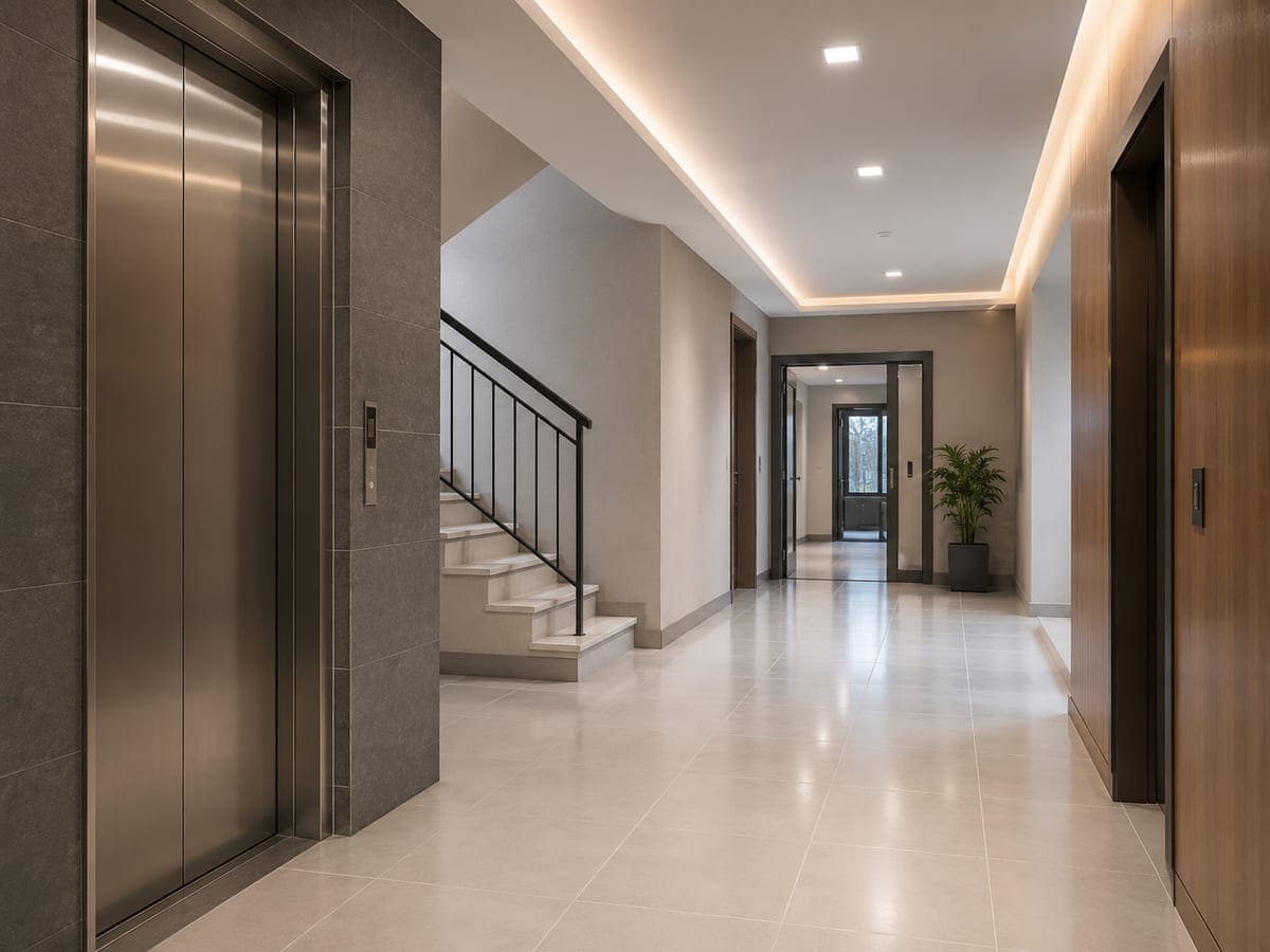 Temizlik sonrası apartman asansör holü, paslanmaz kapılar ve seramik zemin