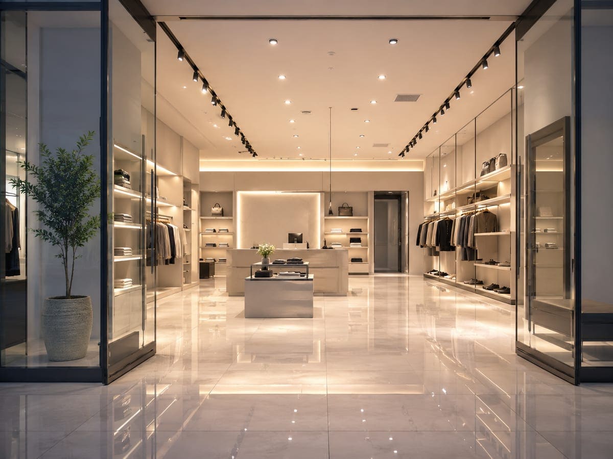 Açılışa hazırlanan butik mağazada temizlenmiş vitrin rafları ve parlak zemin